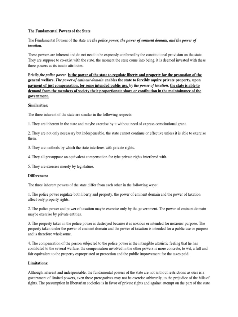 The Fundamental Powers of The State | PDF | Eminent Domain | Police ...