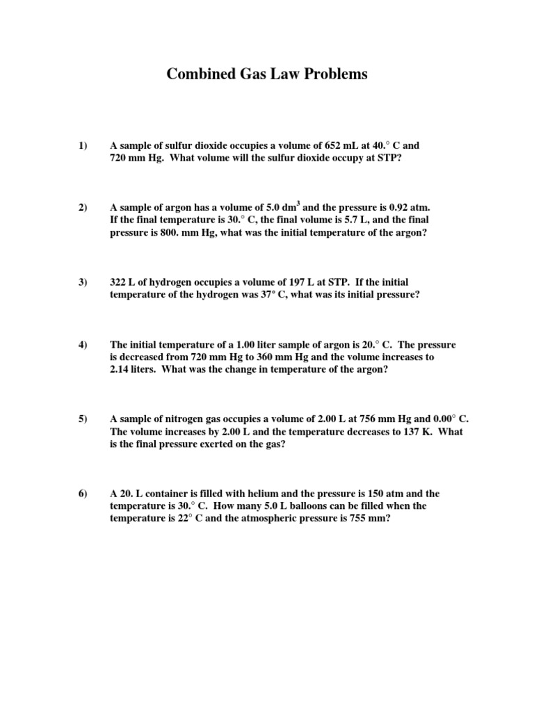 Combined Gas Law Problems | PDF | Argon | Gases