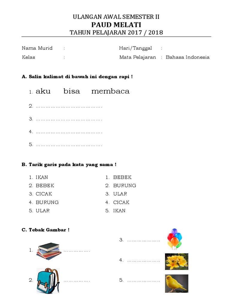 Soal Uas Paud Melati 2017 2018