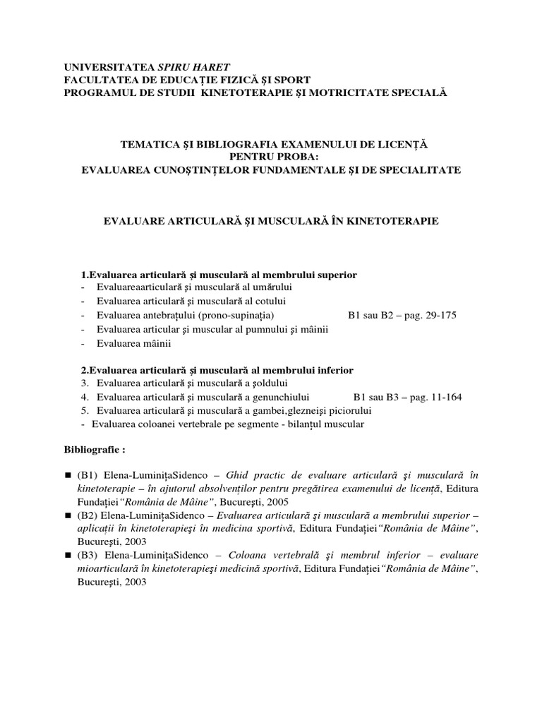 Tematica Examenului de LICENTA Kinetoterapie Evaluarea Cunostintelor de ...