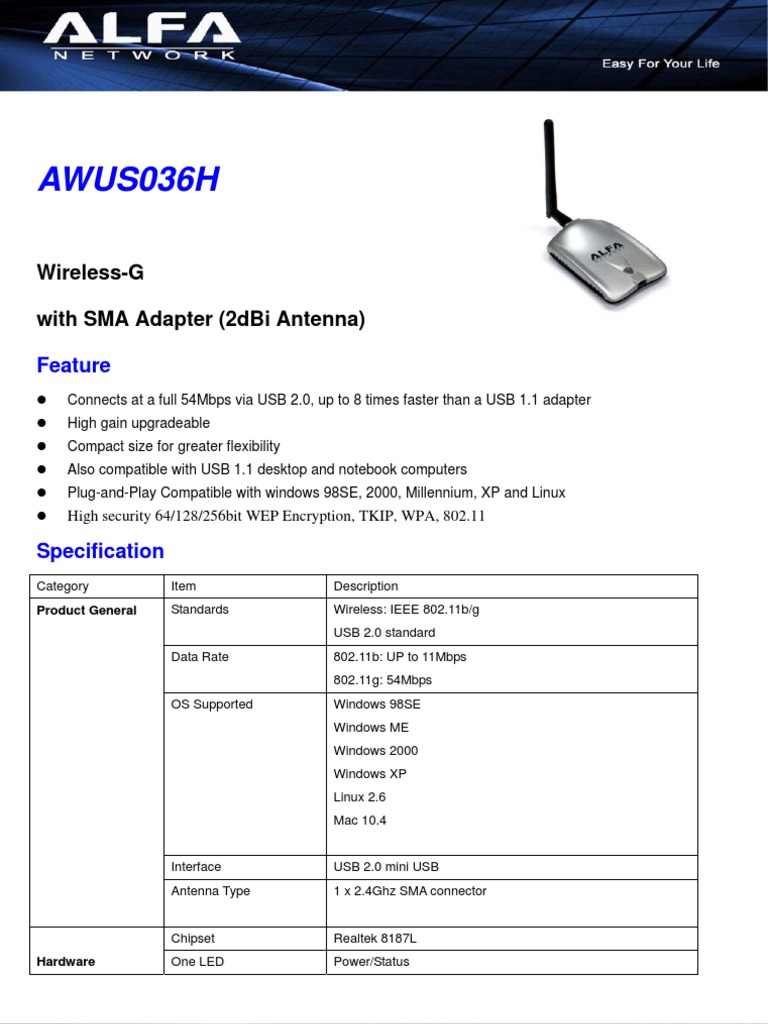 AWUS036H Wireless-G USB Adapter Specs | PDF | Ieee 802.11 | Usb