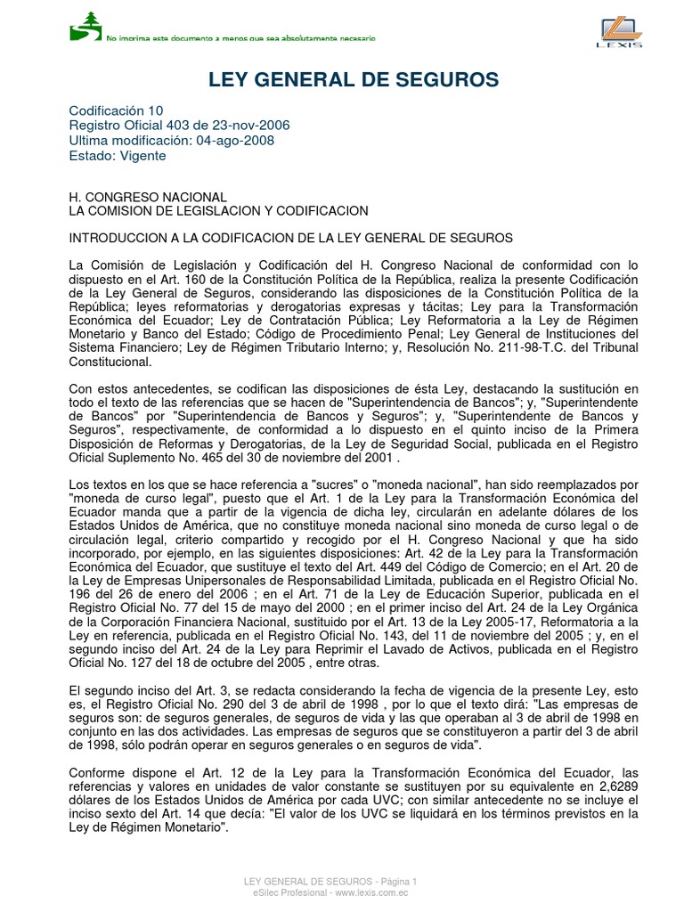 Ley General de Seguros Act PDF | PDF | Seguro | Bancos