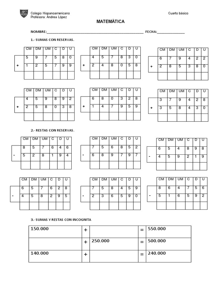 Matemática Cm Dm Um C D U Cm Dm Um C D U Cm Dm Um C D U Sustracción
