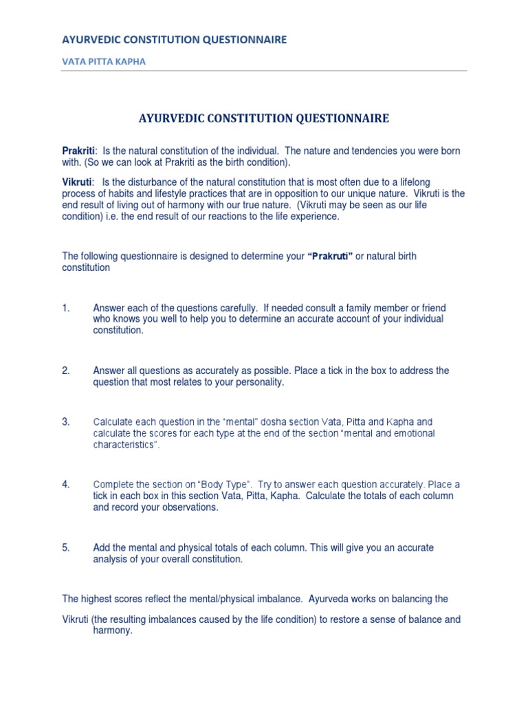 AyurvedicConstitutionQuestionnaire.pdf Ayurveda Wellness