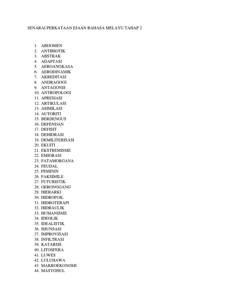 Senarai Perkataan Ejaan Bahasa Melayu Tahap 2 Pdf