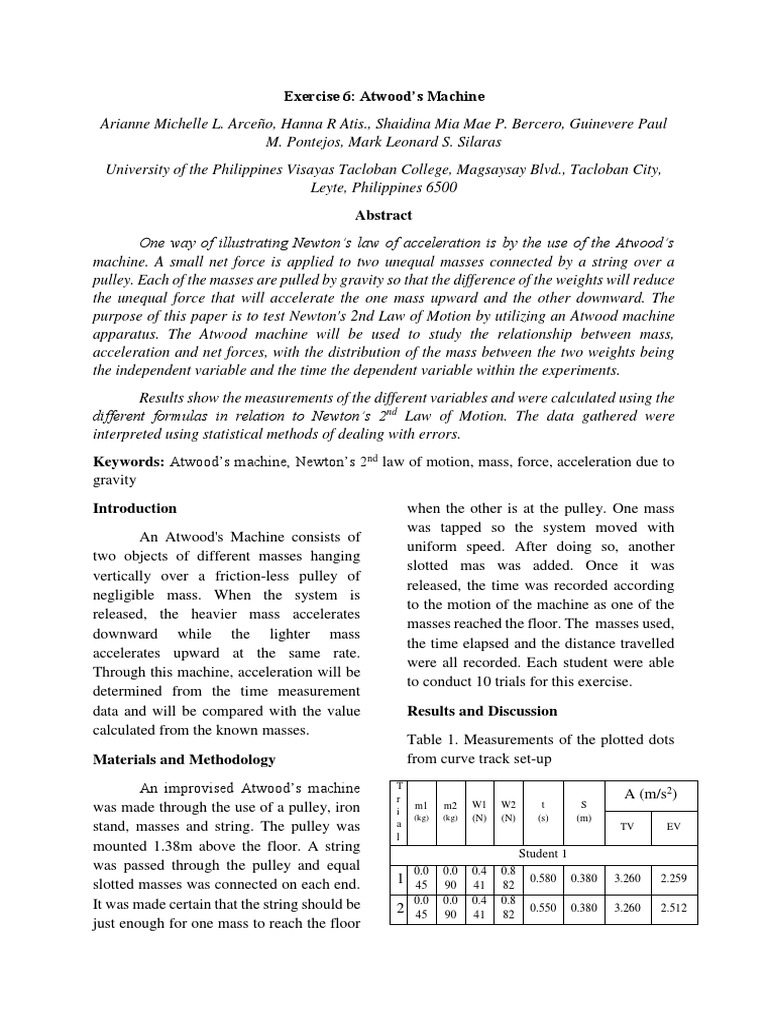 atwood's machine lab report Mass Acceleration