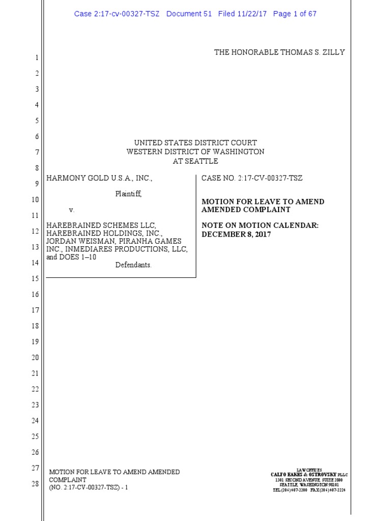 Harmony Gold Motion To Amend Complaint PDF Complaint Discovery (Law)