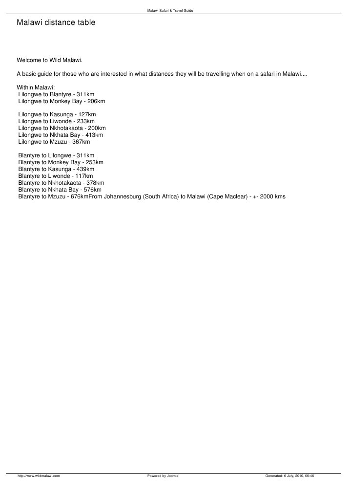 Malawi Distance Table PDF