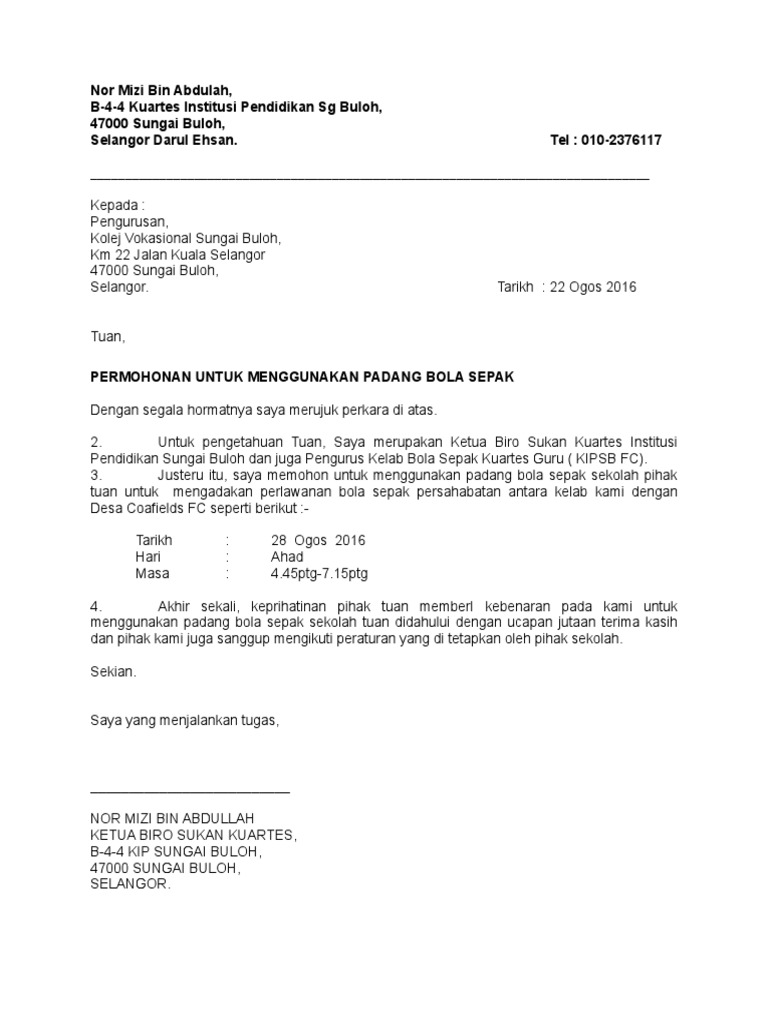 Borang Surat Permohonan Menggunakan Padang Sekolah