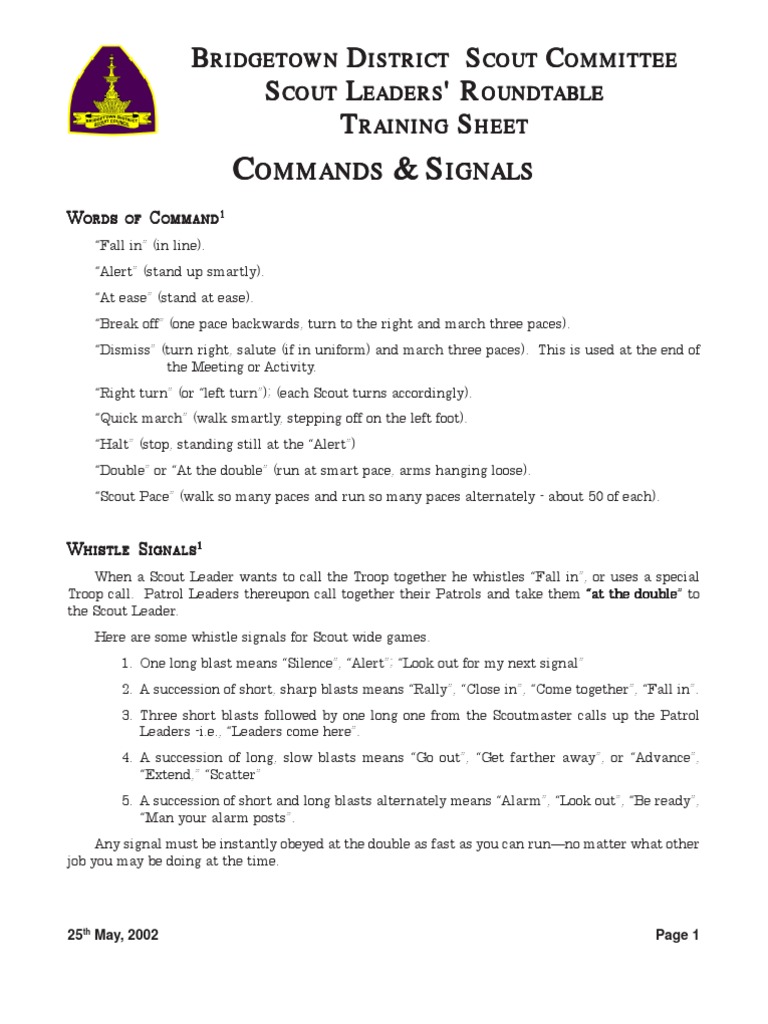 Training Sheet - Commands & Signals | PDF | Scouting | Outdoor ...