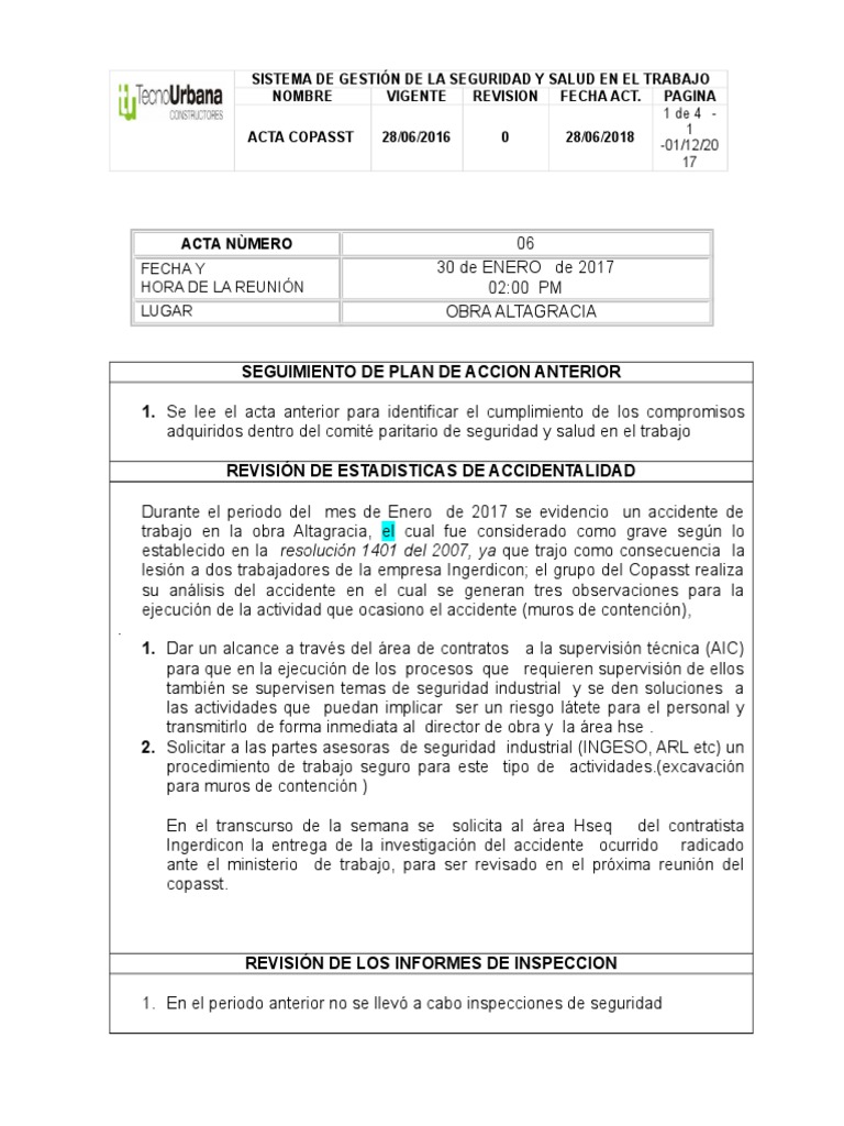 Acta de Reunión del COPASST 2017 | PDF | Business | Salud y bienestar