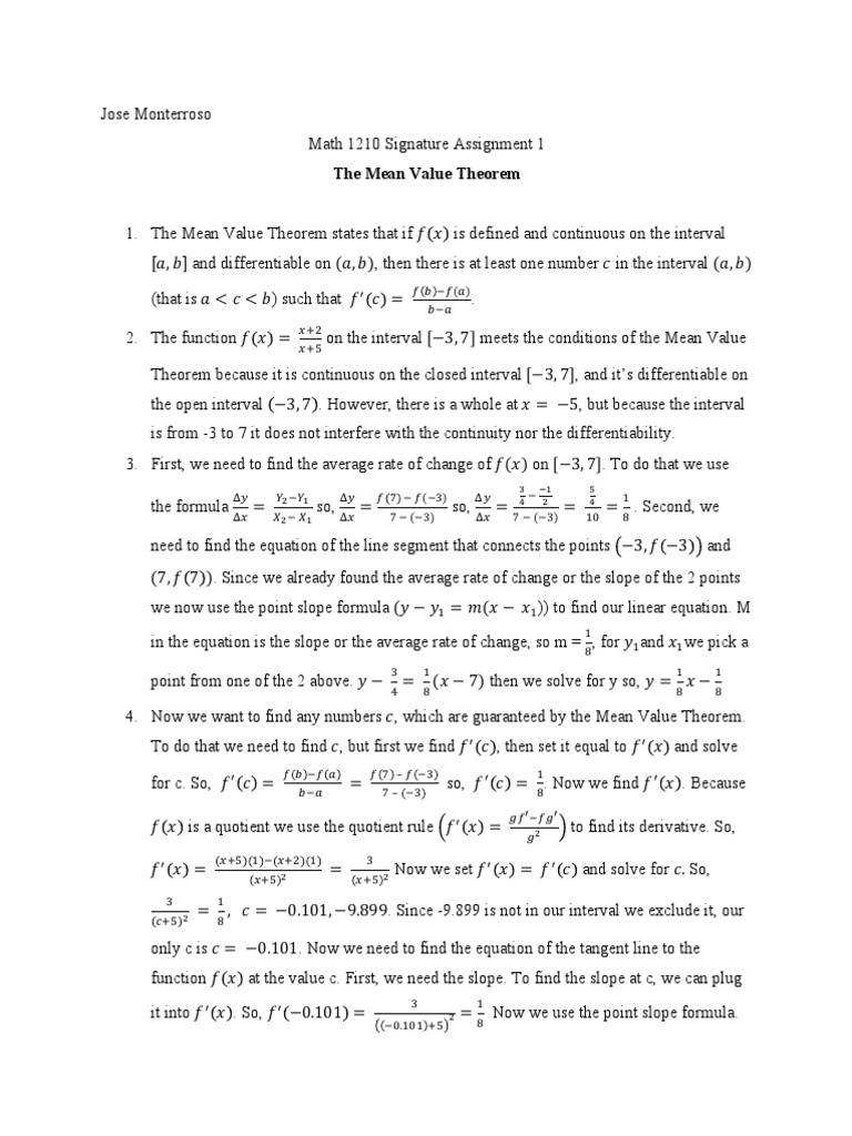 Mean Value Theorem Explained | PDF | Derivative | Slope