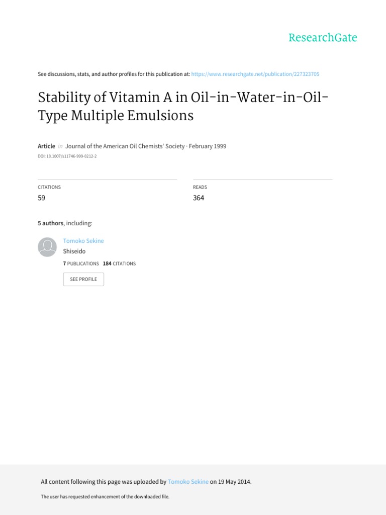Stability of Vitamin A in Oil in Water in Oil Type | PDF | Emulsion ...