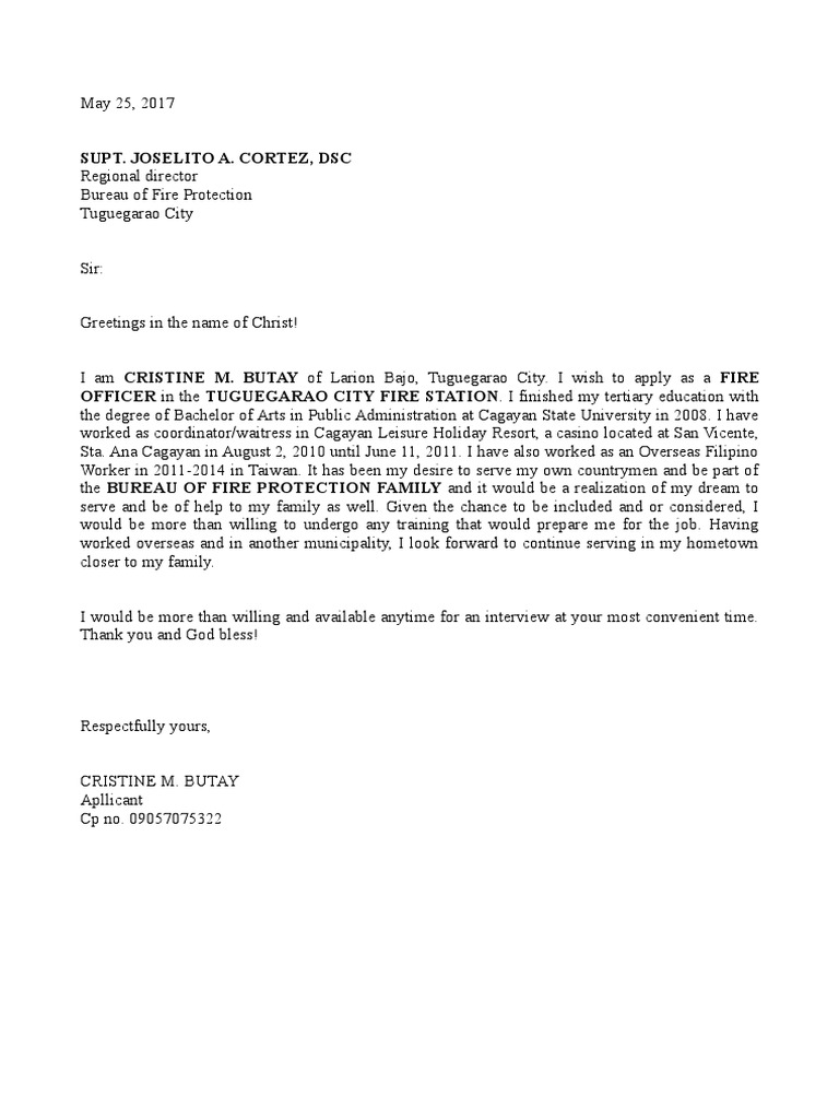 sample of application letter in bfp