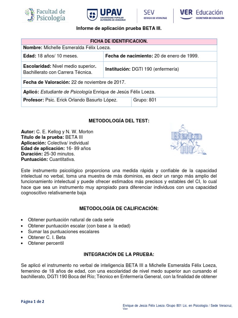 Ejemplo reporte psicológico BETA III -Noviembre- 2017 | Cociente de