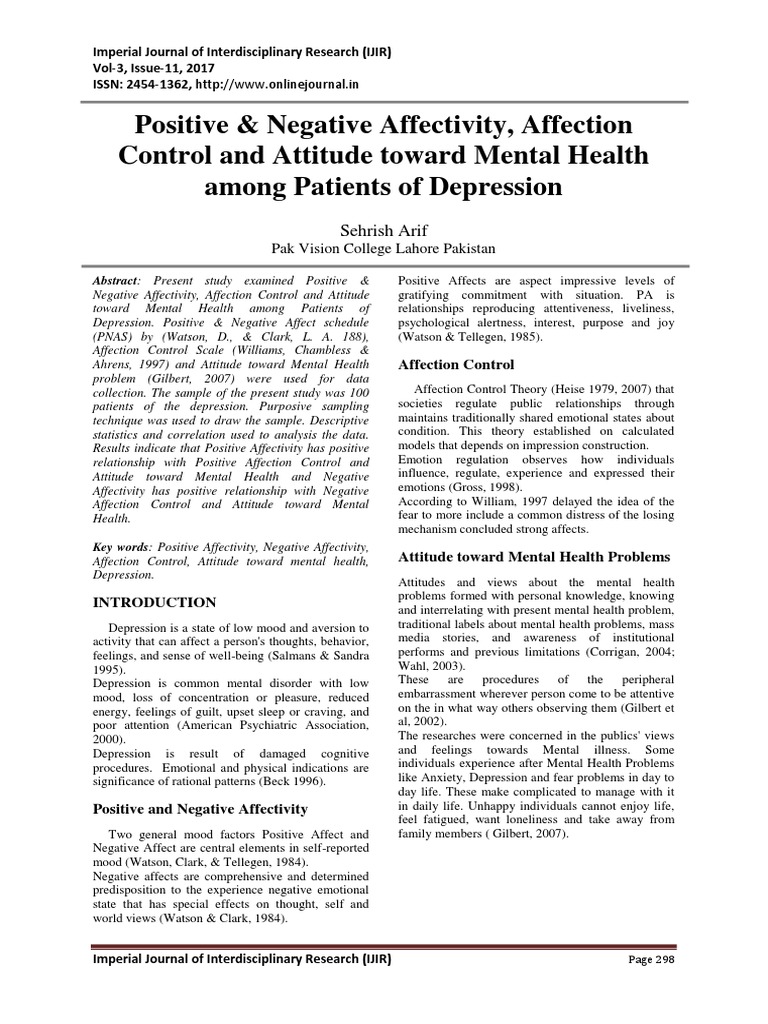 Affectivity and Mental Health in Depression | PDF | Affect (Psychology ...