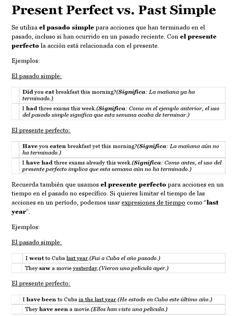 Diferencias entre Presente Perfecto y Pasado Simple | PDF