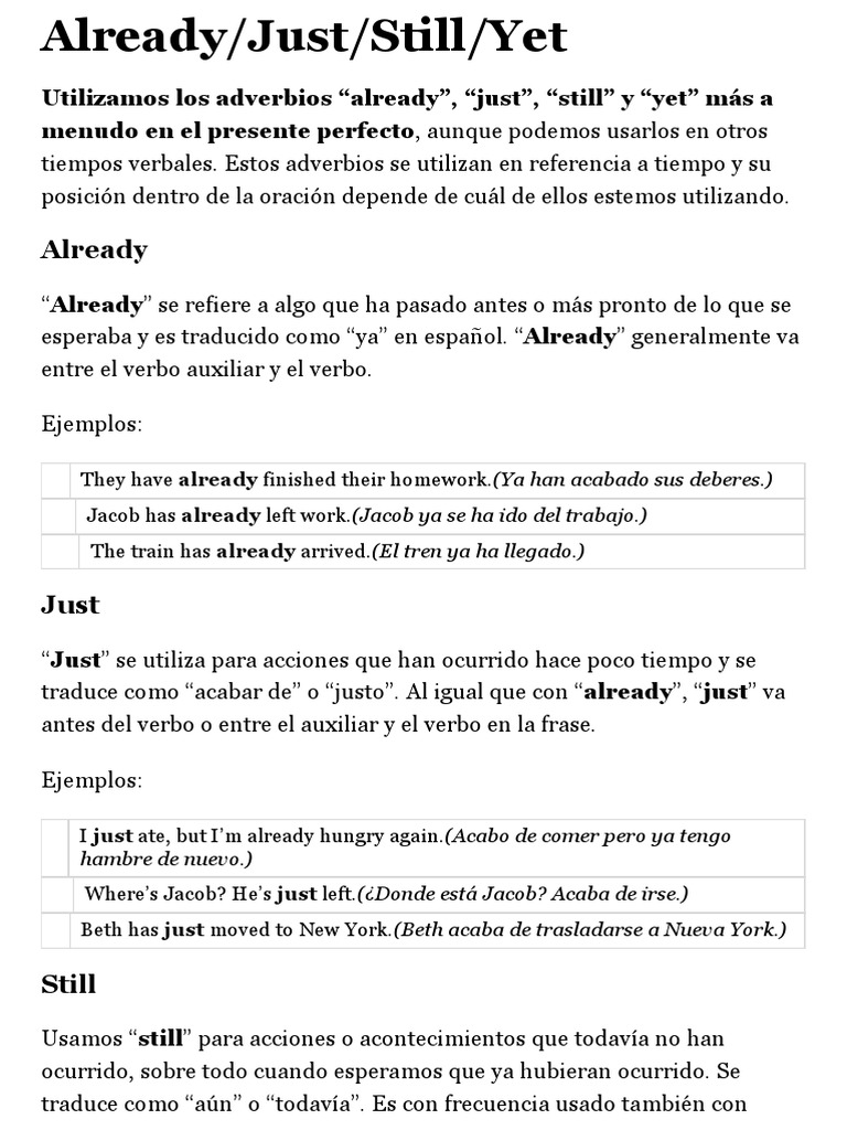 Uso de Already, Just, Still y Yet | PDF