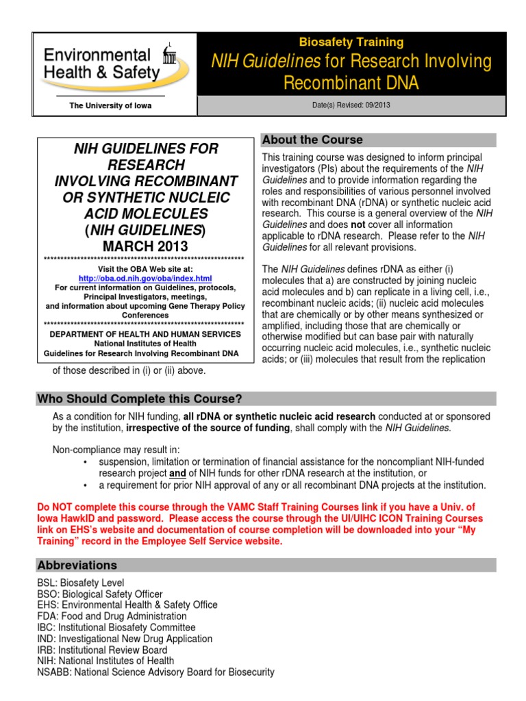 NIH rDNA Guidelines for PIs | PDF | Recombinant Dna | Genetically ...