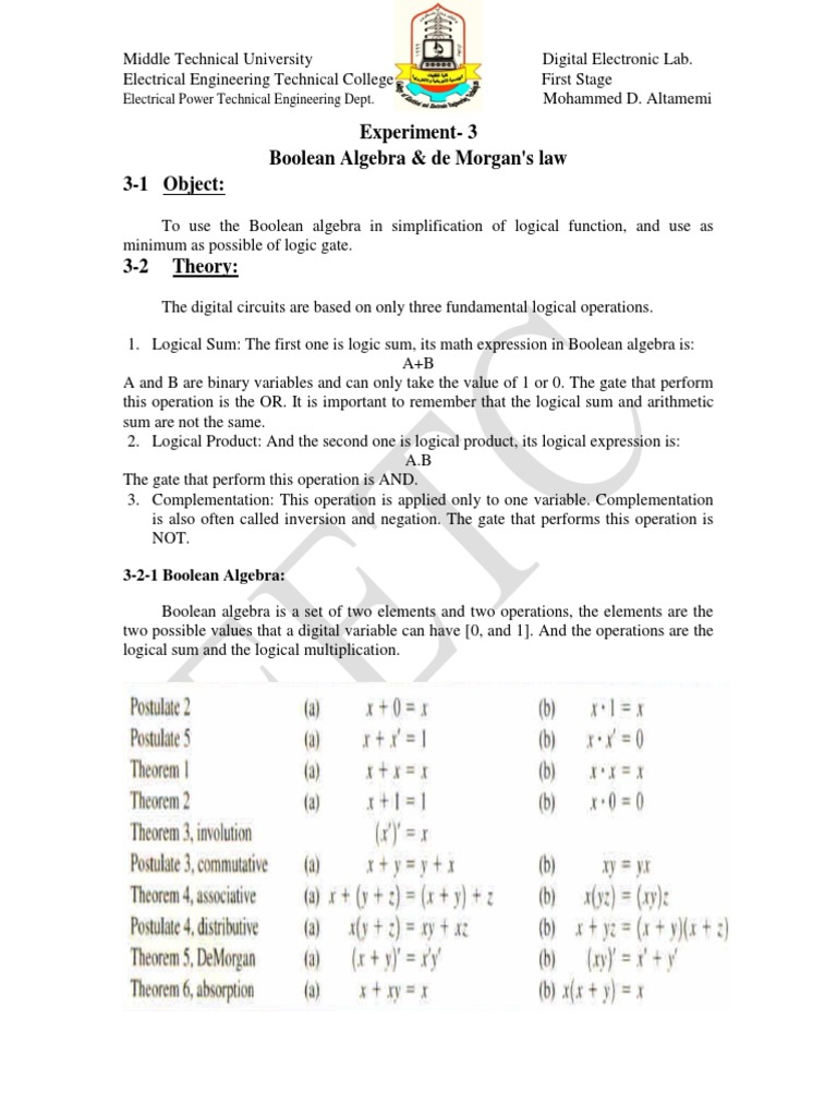 Exper-3 Boolean Algebra and de Morgan Law | Boolean Algebra | Digital ...