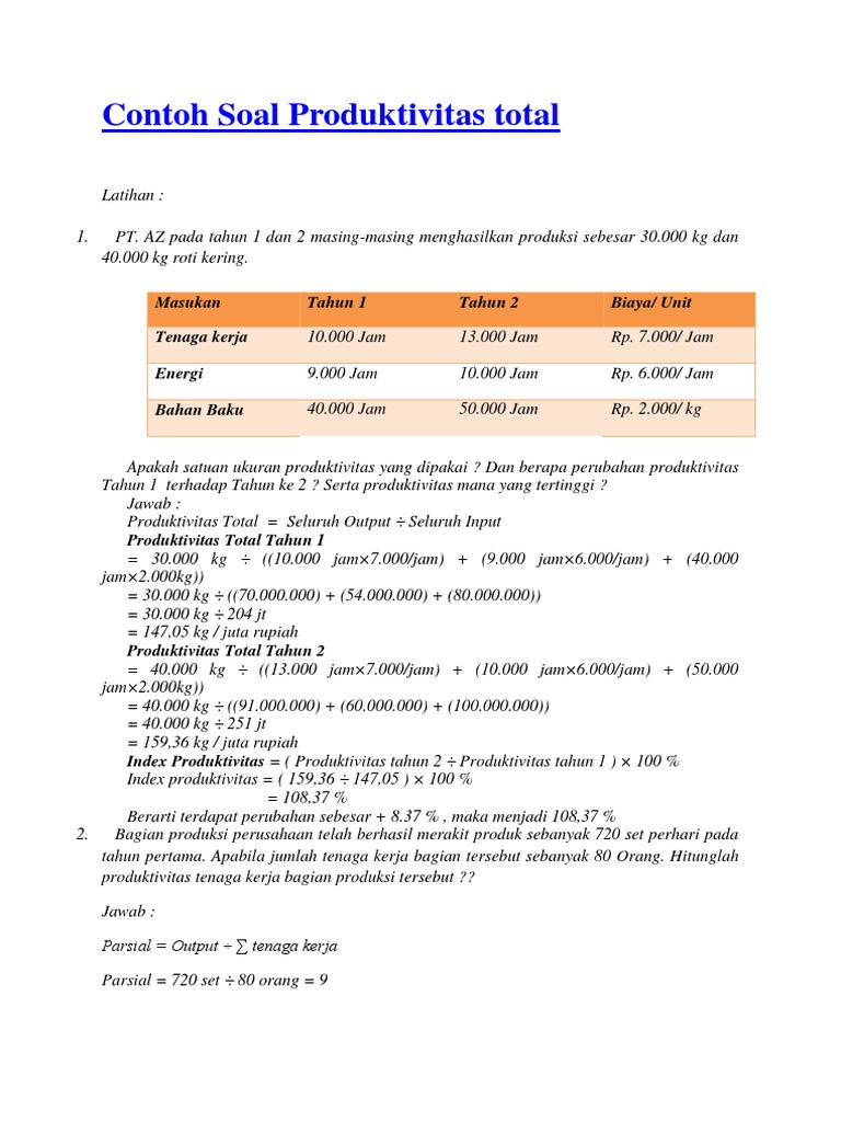 Contoh Soal Produktivitas Total