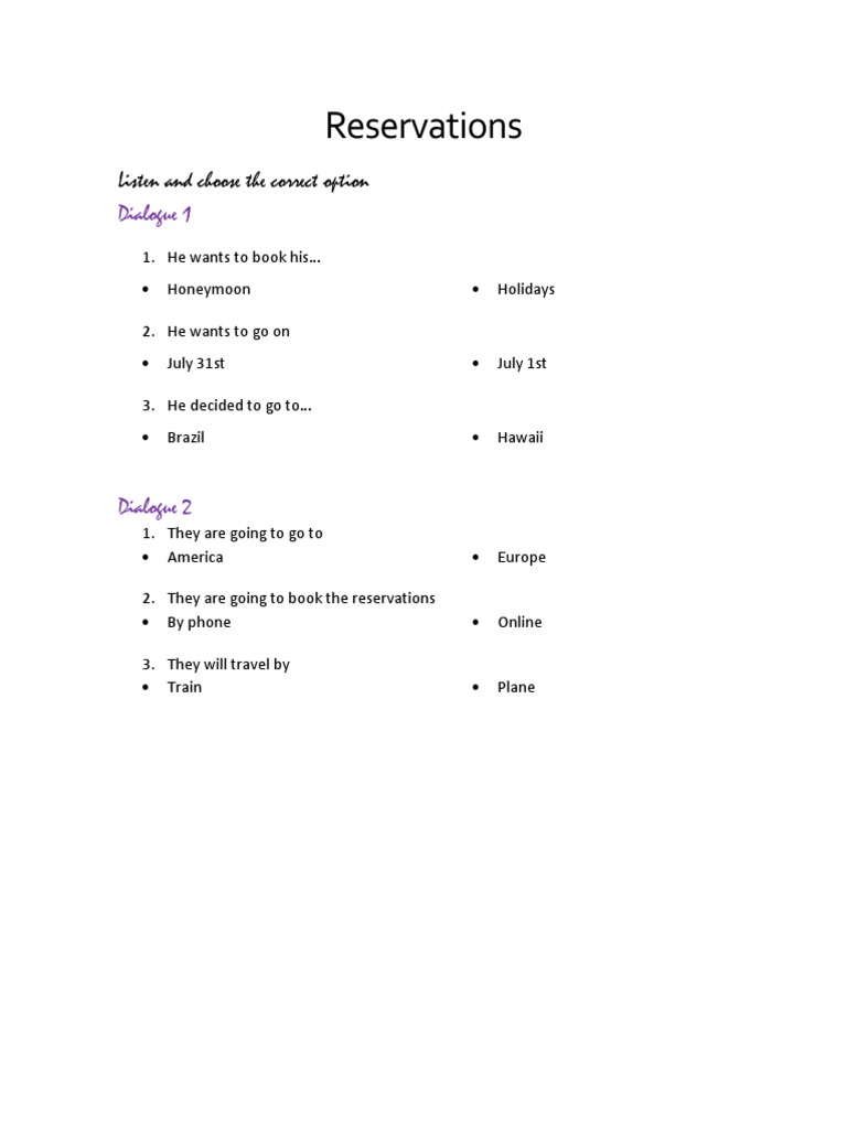 Reservation Dialogue Practice Quiz | PDF | Religion & Spirituality