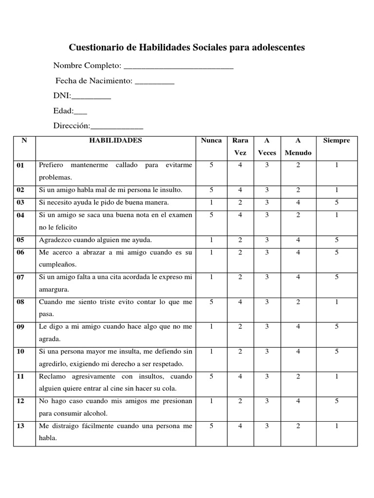 Cuestionario de Habilidades Sociales para Adolescentes | PDF | Toma de ...