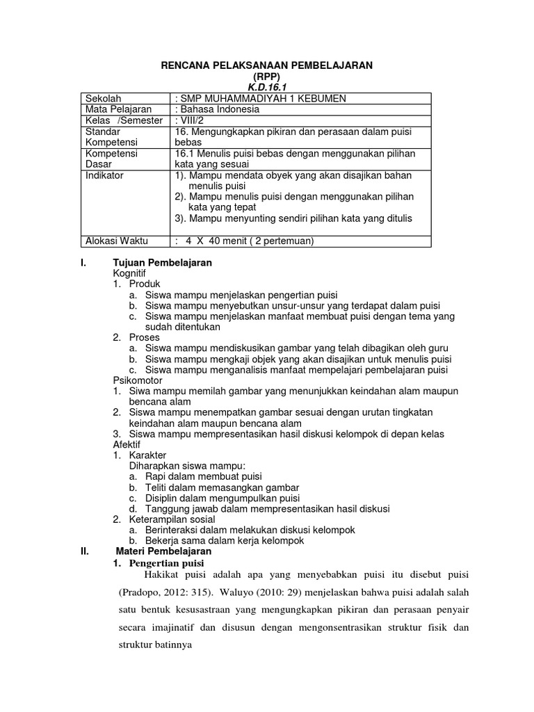 Rpp Bahasa Indonesia Kelas 5 Menulis Puisi KT Puisi