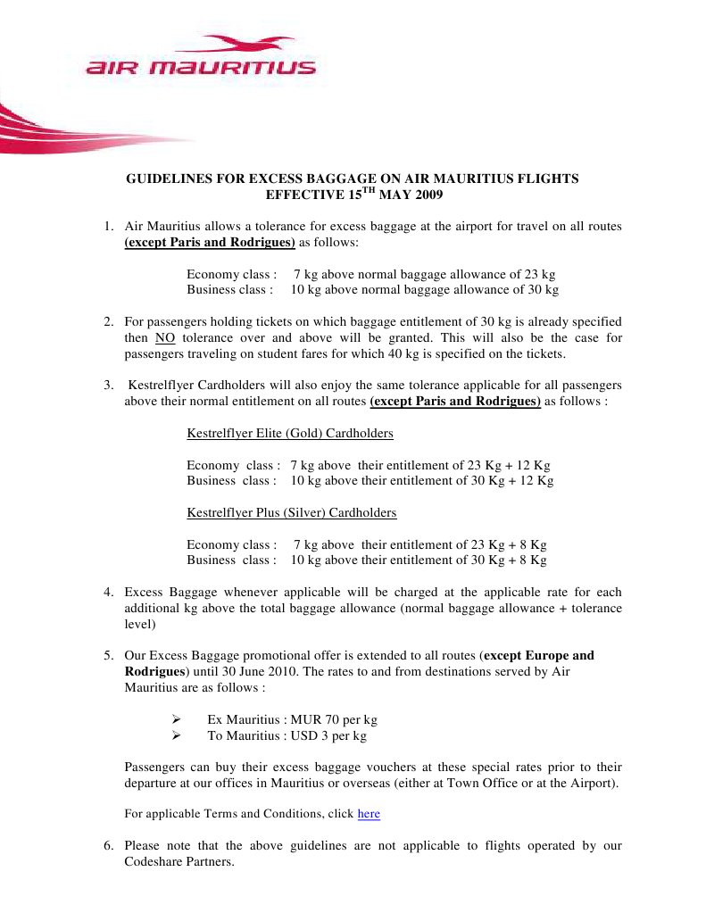 air mauritius baggage
