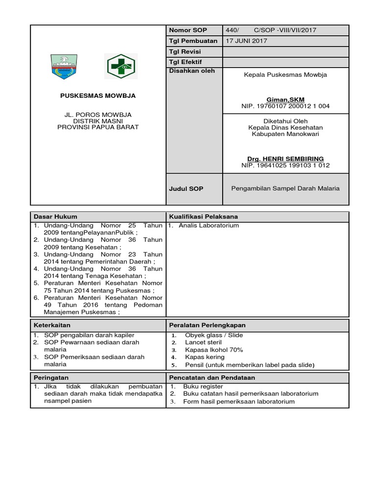 8.1.2.2 Sop Pengambilan Sampel Darah Malaria PDF