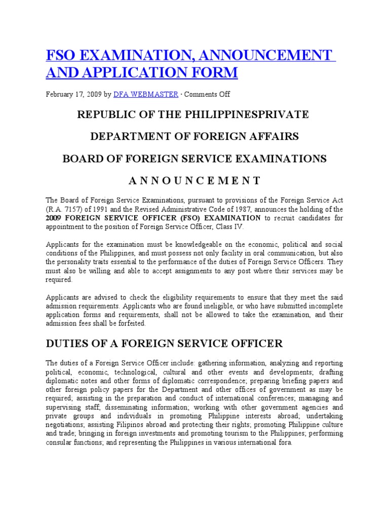 Fso Examination, Announcement and Application Form PDF United