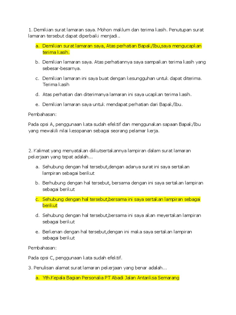 Kunci Bahasa Indonesia Un Sma Week 5 Teks Lamaran Pekerjaan