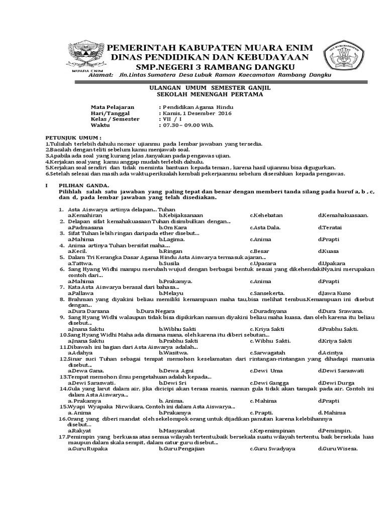 Soal Evaluasi Materi Agama Hindu Kelas 7 Semester 1