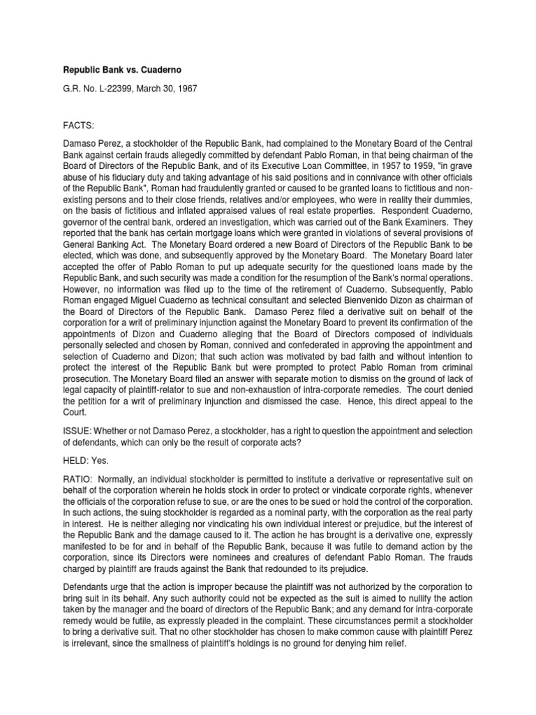 Republic Bank Derivative Suit Overview | PDF | Board Of Directors | Lawsuit