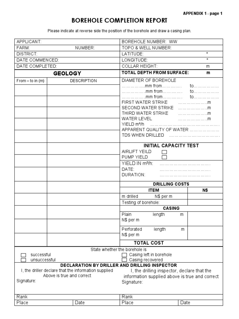 Borehole Completion Report Template | PDF | Borehole | Casing (Borehole)