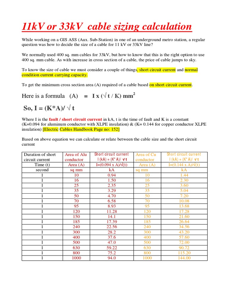 11kV or 33kV Cable Sizing Calculation Electrical Conductor