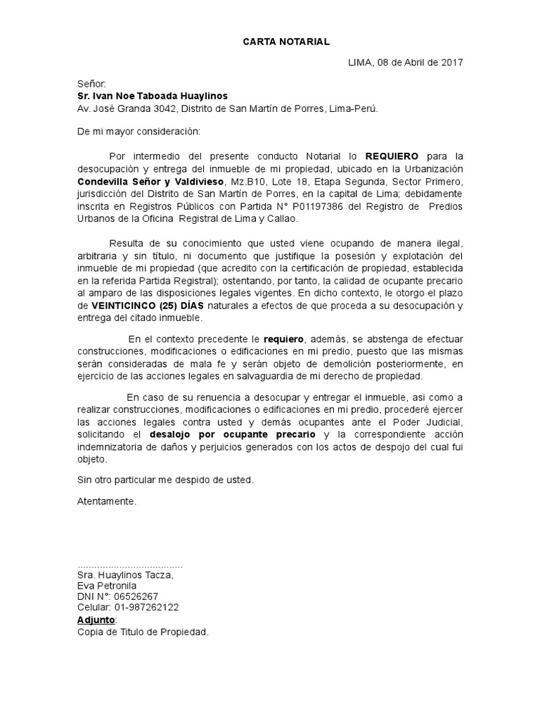 Carta Notarial De Desalojo