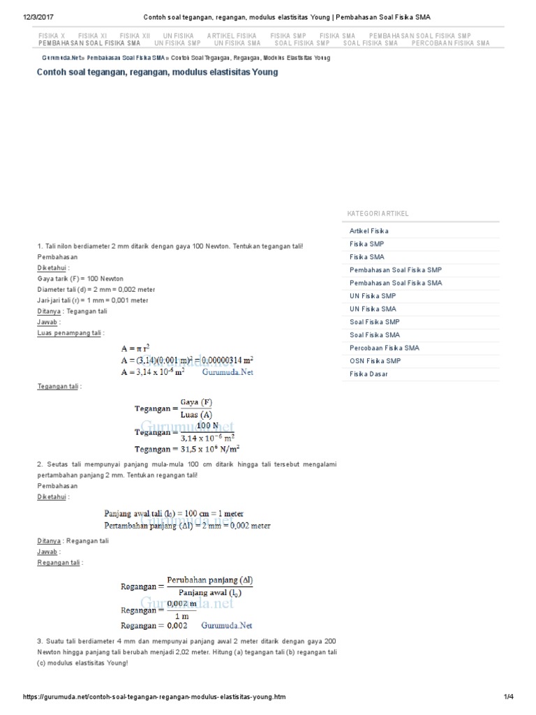 Contoh Soal Tegangan Regangan Modulus Elastisitas Young Pembahasan Soal Fisika Sma