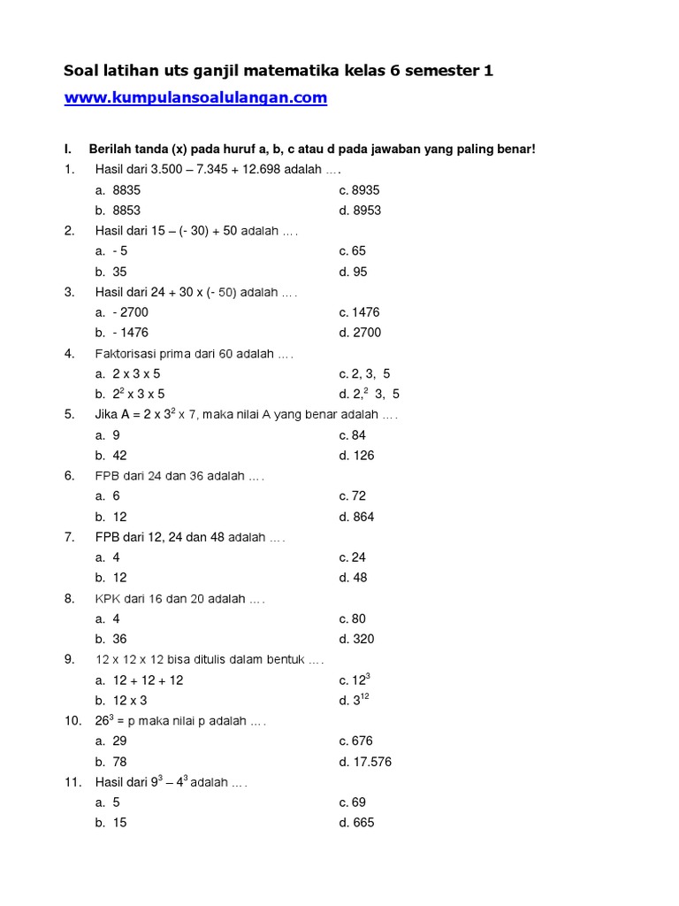 Soal Latihan Uts Mtk Kls 6 Semester 1 Ganjil