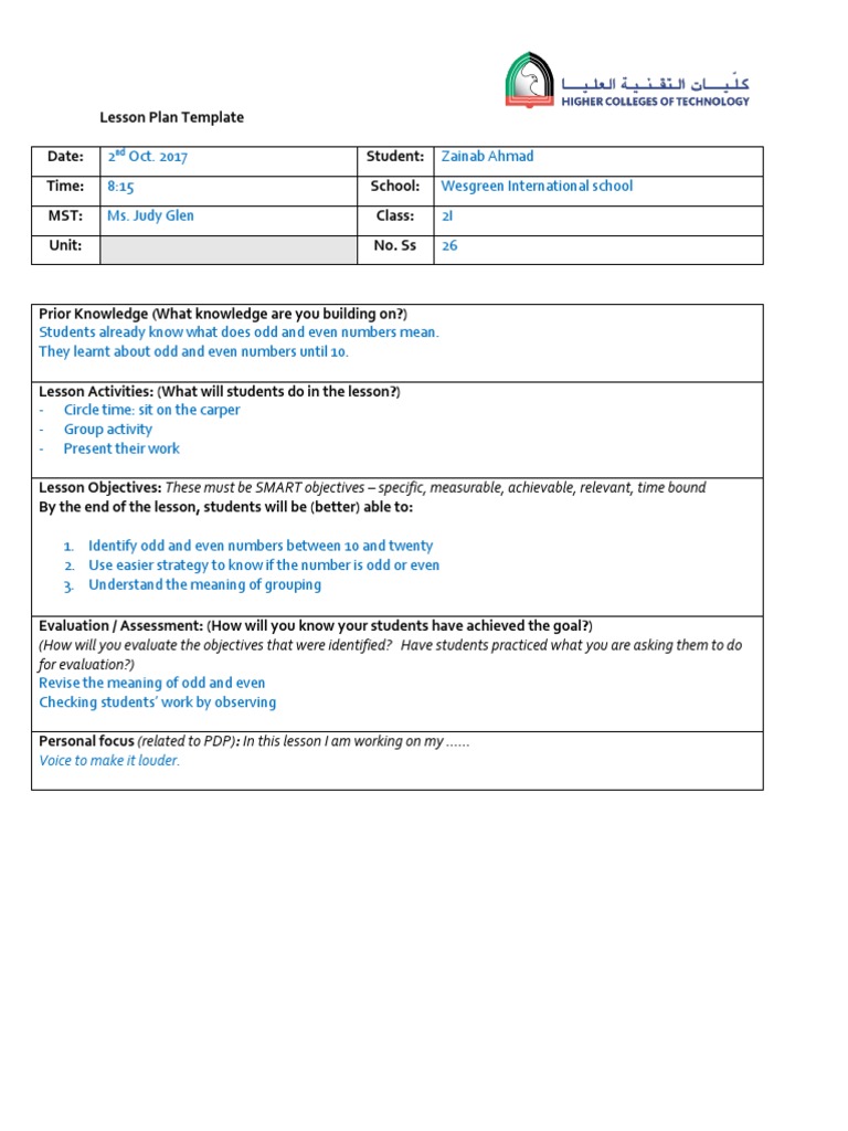 Lesson Plan 1 Odd And Even Numbers Lesson Plan Educational Assessment
