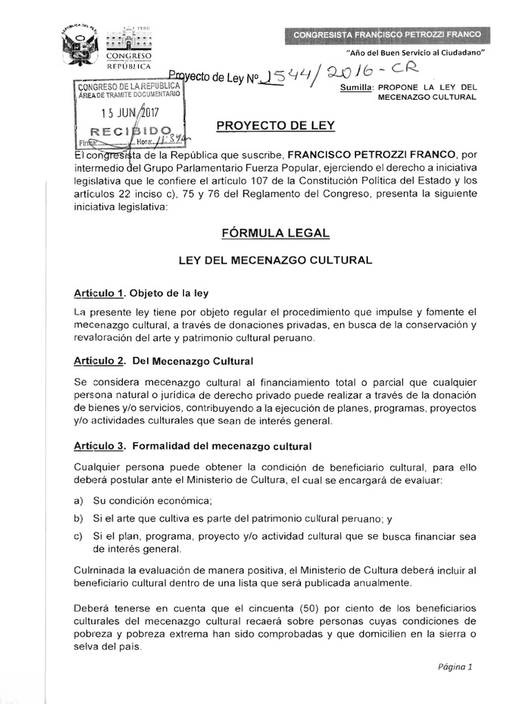 Proyecto de Ley No. 15442016 PDF Mecenazgo Perú