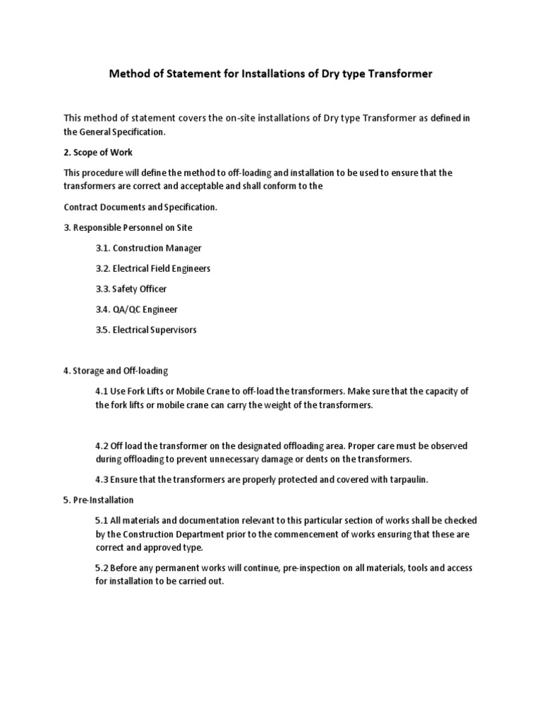 Dry Type Transformer Installation MS | PDF | Forklift | Transformer