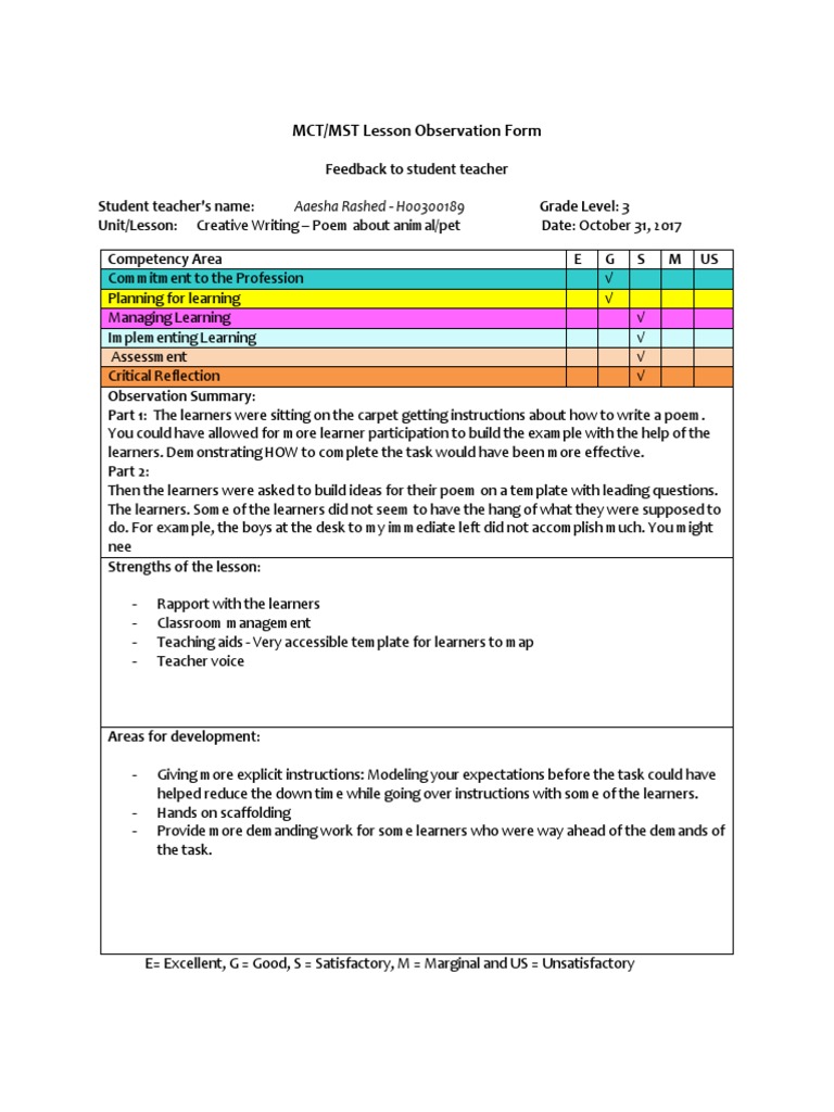 MCT/MST Lesson Observation Form: Aaesha Rashed - H00300189 Grade Level ...