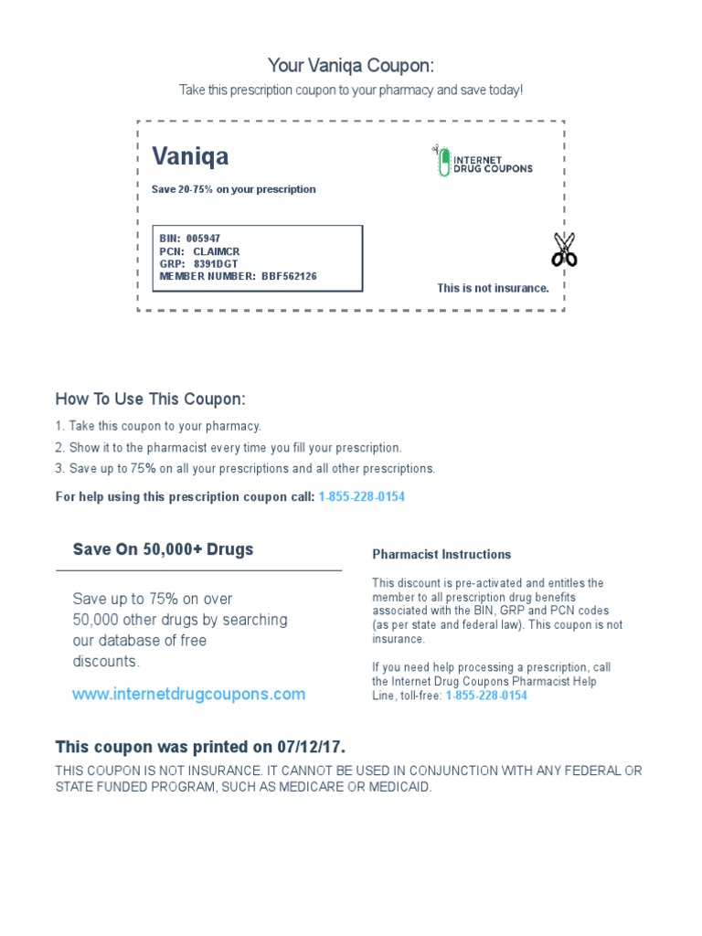 VANIQA Coupon PDF PDF Pharmacy Prescription Drugs