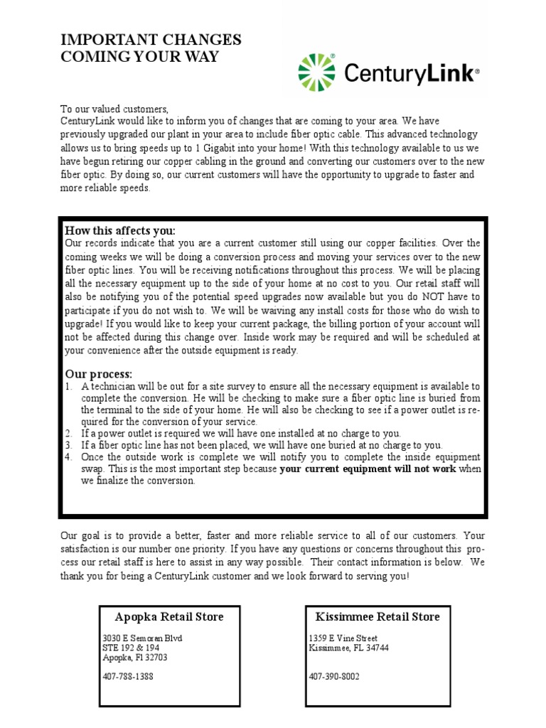 Important Fiber Optic Upgrade Notice | PDF | Optical Fiber | Retail