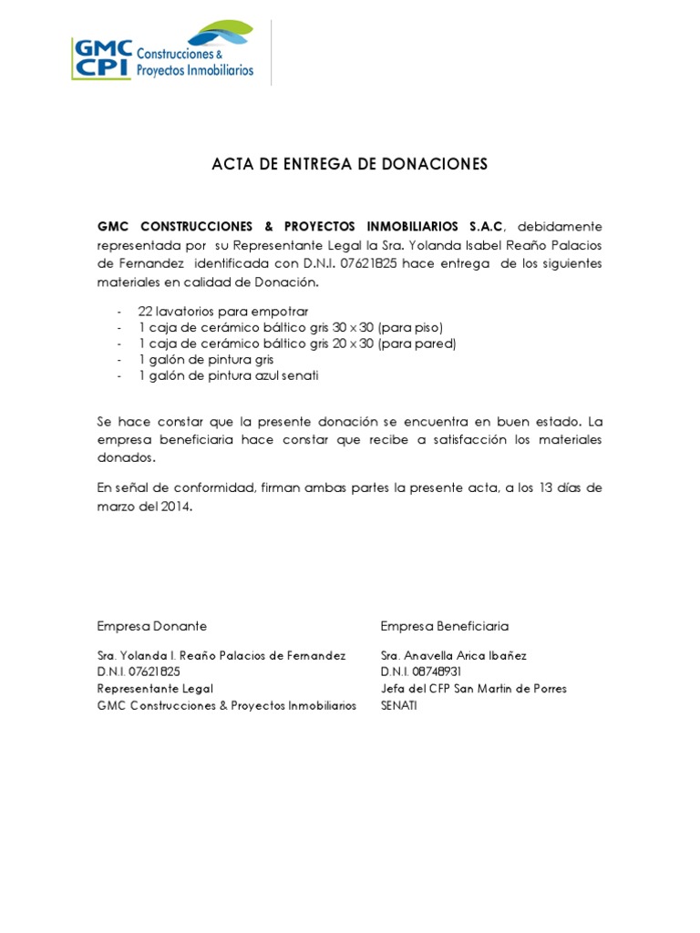 Acta De Entrega De Donaciones Pdf