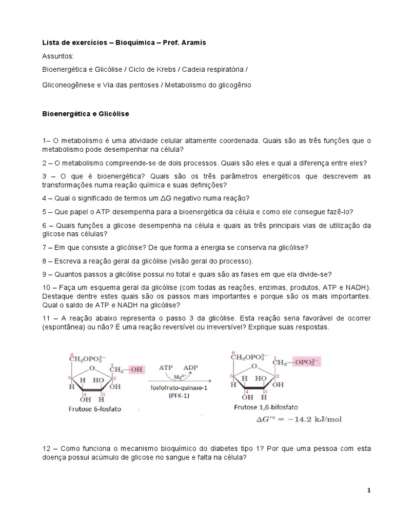 Lista de Exercícios - Bioquimica - 1 PDF | PDF | Glicolise | Ciclo do ...