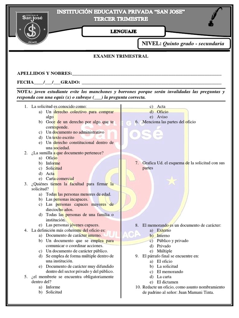 Examen Segundo Trimestre de Comunicacion - Quinto Grado | PDF