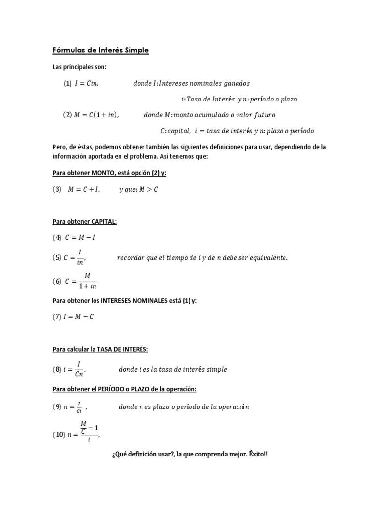 Fórmulas de Interés Simple PDF | PDF