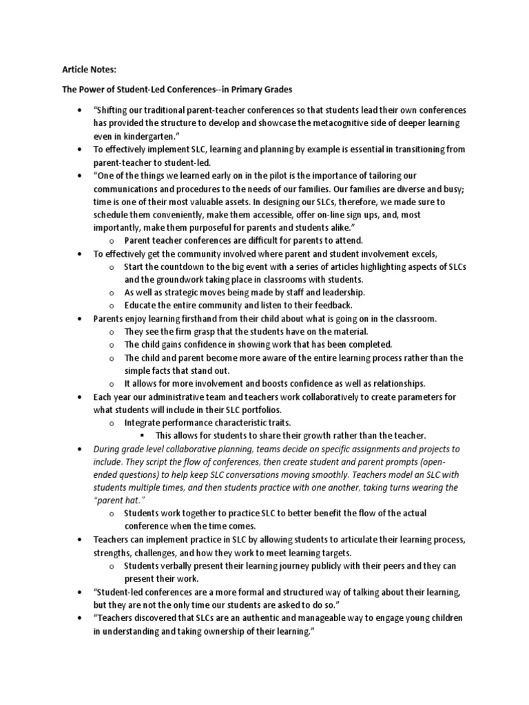 Article Notes: The Power of Student-Led Conferences - in Primary Grades ...